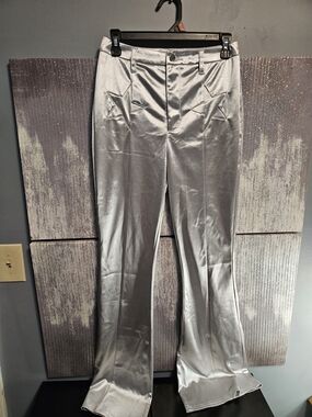 Women's Silver Satin Flare Pants with Star Pocket Detail
